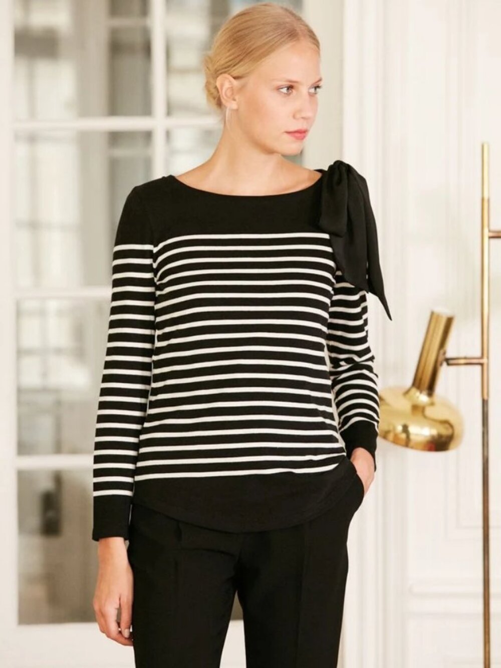 Claudie Pierlot Navy/Ivory Breton Striped Long Sleeve Top with Shoulder Bow - S
